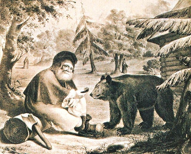 Преподобный Серафим кормит медведя. Литография неизвестного художника 1860-1880 гг. 