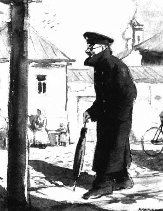 Иллюстрация к рассказу А. Чехова "Человек в футляре". Кукрыниксы. 1941