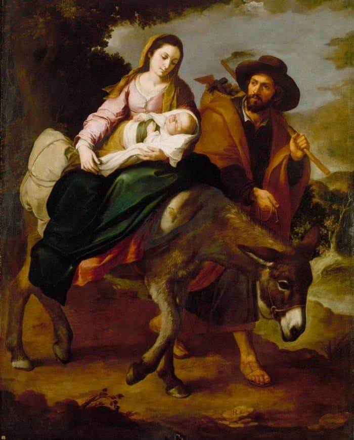 Бегство в Египет. Бартоломе Эстебан Мурильо . Картина XVII века.