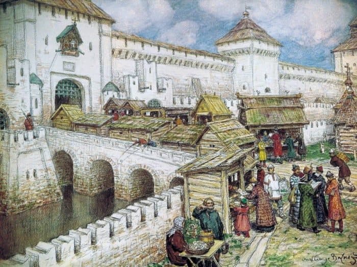 Книжные лавочки на Спасском мосту в XVII веке. 1916