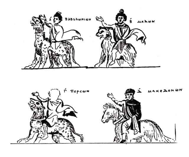 Символы четырех царств древности: Вавилонского, Мидийского, Персидского и Македонского. Из греческой рукописи XI века
