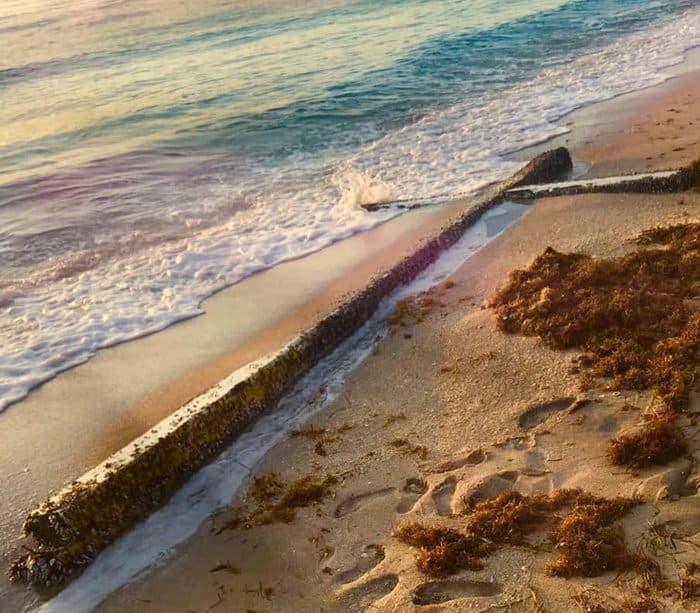 Туристы молятся у креста, выброшенного волнами на пляж Флориды